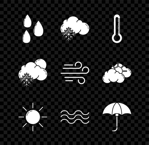 Ορισμός σταγόνα νερού, σύννεφο με χιόνι, θερμόμετρο, ήλιος, κύματα, κλασικό κομψό άνοιξε ομπρέλα, και τον ήλιο και τον άνεμο εικονίδιο. Διάνυσμα - Διάνυσμα, εικόνα