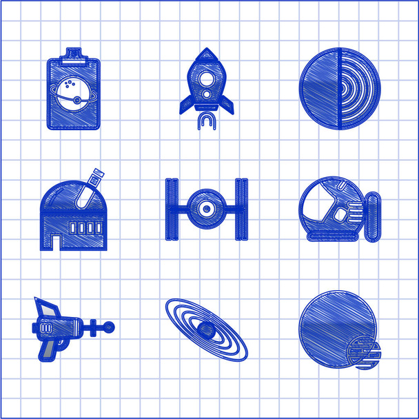 Set Nave cósmica, planeta, casco de astronauta, pistola de rayos, observatorio astronómico, estructura e icono de la Tierra. Vector - Vector, Imagen