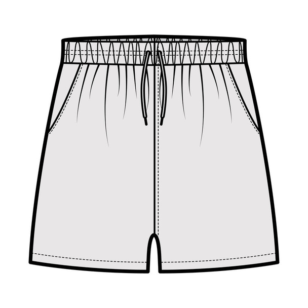 Sport training shorts technische mode illustratie met elastische lage taille, stijging, trekkoord, Relaxed fit micro lengte - Vector, afbeelding