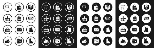 Beállítás százalékos kedvezmény és monitor, Shoping bag with Sale, Kosár, kosár, 70 százalékos címke, Ajándékdoboz, Papír vásárlás és akasztás felirat Nyitott ikon. Vektor - Vektor, kép