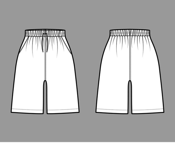 Shorts ativos Treinamento desportivo ilustração de moda técnica com cintura normal elástica, elevação elevada, Drawcord, bolsos - Vetor, Imagem