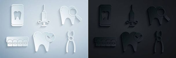 Diş beyazlatma konsepti, diş taraması diş teli, pense, tıbbi şırınga ve çevrimiçi diş bakımı ikonu. Vektör - Vektör, Görsel