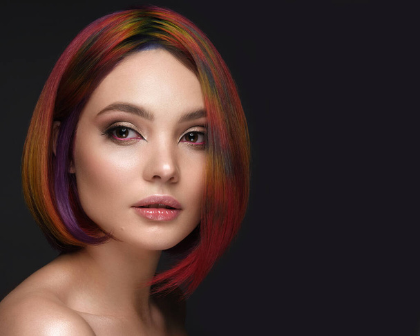 Beautiful woman with multi-colored hair and creative make up and hairstyle. Beauty face. - Fotoğraf, Görsel