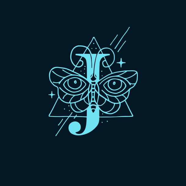 J-Letter-Logo im astrologischen Stil. Handgezeichnetes Monogramm für magische Postkarten, mittelalterliche Poster, esoterische Werbung, luxuriös verzierte T-Shirts. - Vektor, Bild