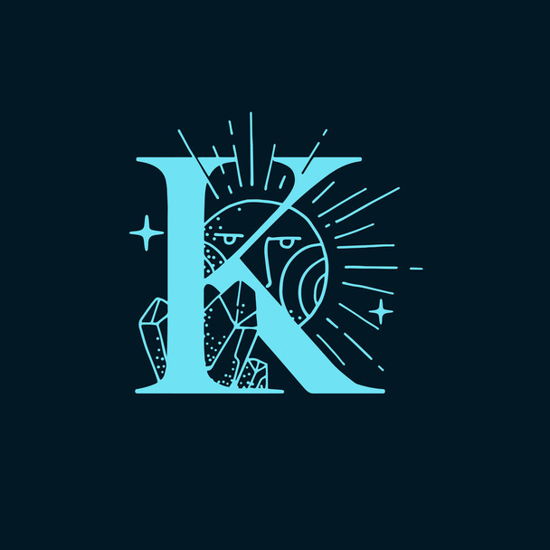 K letter logo in the astrological style. Hand drawn monogram for magic postcards, medieval style posters, esoteric advertise, luxury ornate T-shirts. - Vector, Image