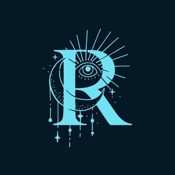 R letter logo in astrologische stijl. Handgetekend monogram voor magische ansichtkaarten, middeleeuwse stijl posters, esoterische reclame, luxe sierlijke T-shirts. - Vector, afbeelding