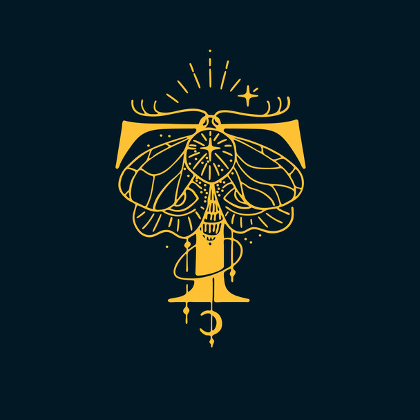 T-Buchstaben-Logo im astrologischen Stil. Handgezeichnetes Monogramm für magische Postkarten, mittelalterliche Poster, esoterische Werbung, luxuriös verzierte T-Shirts. - Vektor, Bild