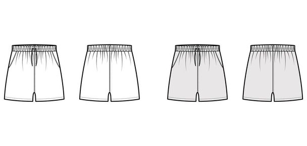 Спортивные тренировочные шорты техническая мода иллюстрация с эластичной низкой талией, подъем, чертежи, расслабленная прилегающая микро длина - Вектор,изображение