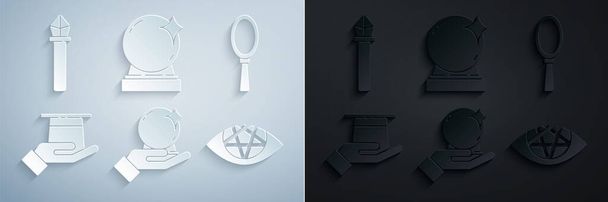 Set Magic ball on hand, mirror, Magician hat in, Pentagram,  and staff icon. Vector - Vector, Image