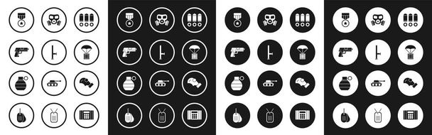 Set Kugel, Polizei-Gummiknüppel, Pistole oder Waffe, militärische Belohnungsmedaille, Luftabwurfbox, Gasmaske und Handgranaten-Symbol. Vektor - Vektor, Bild