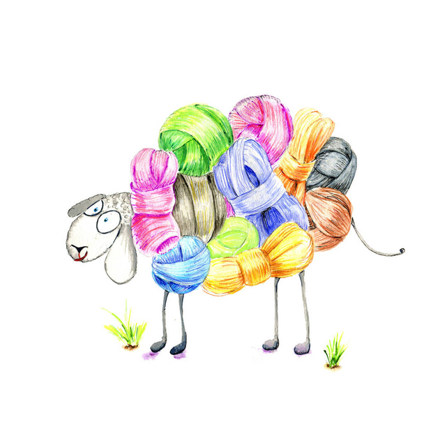Ilustración de un cordero con lana de bolas de diferentes colores y formas - Foto, Imagen