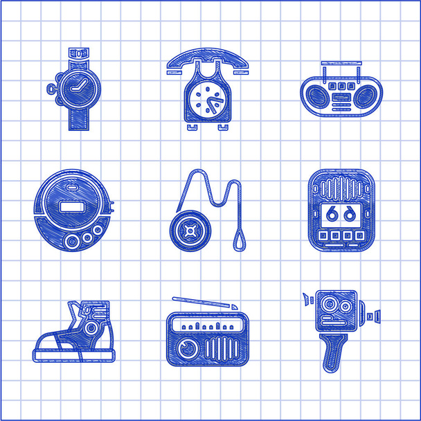 Set Yoyo toy, Radio with antenna, Retro cinema camera, Cassette tape player, Sport sneakers, Music CD, Home stereo two speakers and Wrist watch icon. Vector - Vector, Image
