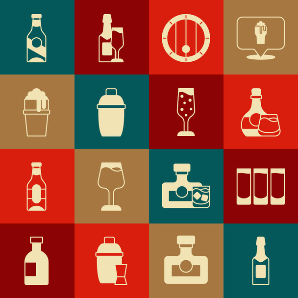 Set Champagne bottle, Shot glass, Whiskey and, Wooden barrel, Cocktail shaker, Glass of beer, Beer and champagne icon. Vector - Vector, Image