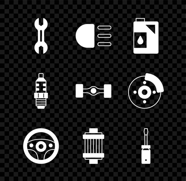 Set Schraubenschlüssel, Fernlicht, Kanister für Motoröl, Lenkrad, Auto-Luftfilter, Schraubendreher, Zündkerze und Chassis Auto-Symbol. Vektor - Vektor, Bild