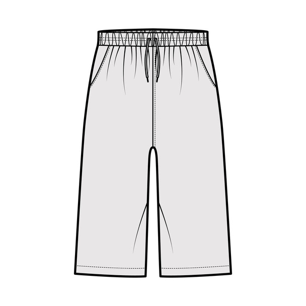 Bermuda Pocket Curta ilustração de moda técnica com cintura baixa elástica, ascensão, cordões, Ajuste relaxado, comprimento do joelho - Vetor, Imagem