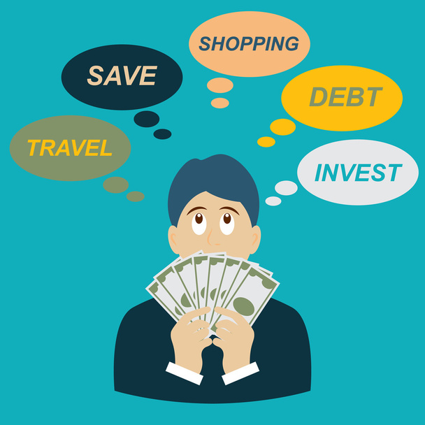 Business man thinking about how to spend money - Vector, Image