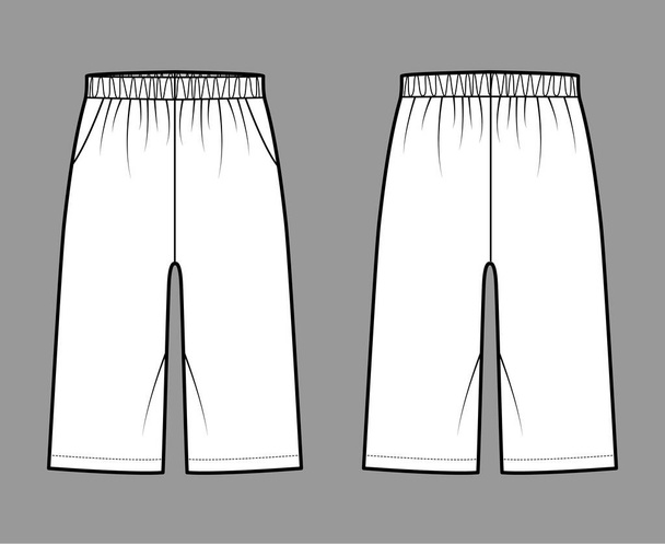 Bermudy Pocket Krátká technická módní ilustrace s elastickým nízkým pasem, vzestup, Uvolněná kondice, délka kolena. Rovné dno  - Vektor, obrázek