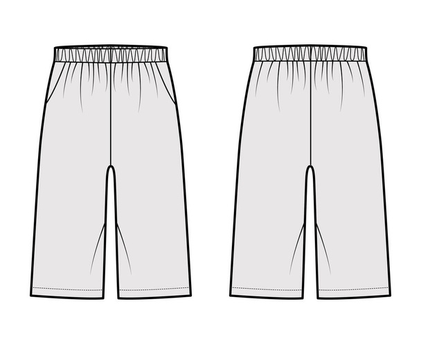 Bermuda Pocket Breve illustrazione tecnica di moda con elastico vita bassa, aumento, Vestibilità rilassata, lunghezza del ginocchio. Fondo piatto  - Vettoriali, immagini