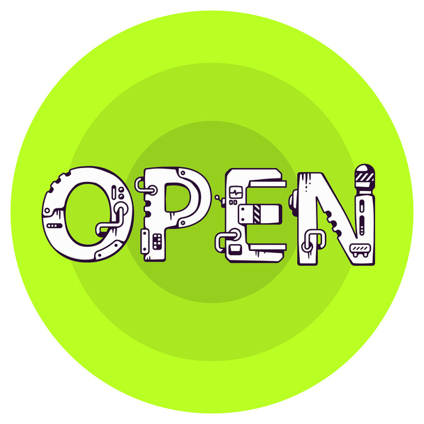 ilustración vectorial de la palabra abierta en estilo techno en un verde
  - Vector, Imagen