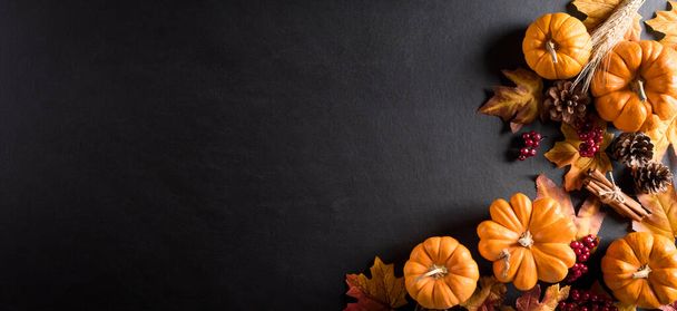 Décoration de fond d'automne à partir de feuilles sèches et de citrouille sur fond bois foncé. Couché plat, vue du dessus pour l'automne, l'automne, concept Thanksgiving. - Photo, image