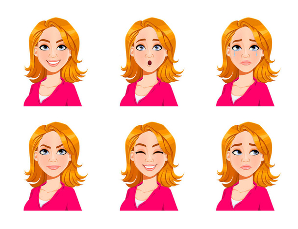 Face expressions of blond woman. Set of six various female emotions. Beautiful cartoon character. Vector illustration isolated on white background. - Wektor, obraz