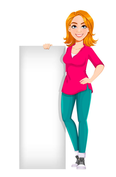 Empresária de sucesso. Bonito personagem de desenho animado mulher de negócios em pé perto de cartaz em branco. Ilustração do vetor. - Vetor, Imagem