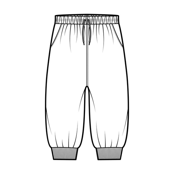 Šortky Tepláky technické módní ilustrace s elastickými manžetami, nízký pas, stahovací šňůrky, délka kolena. Plochý výcvik - Vektor, obrázek