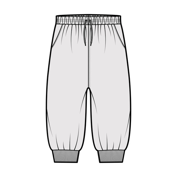 Shorts Sweatpants technical fashion illustration with elastic cuffs, low waist, drawstrings, knee length. Flat training - Vector, Image