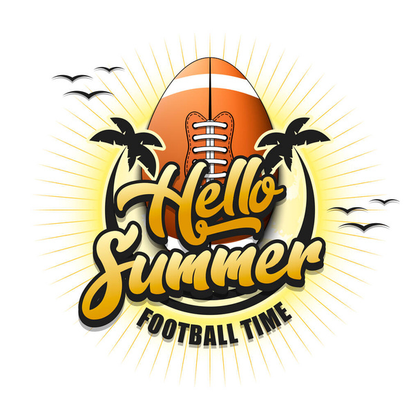 Summer football logo. Hello summer. Football time. Pattern for design poster, logo, emblem, label, banner, icon. Football template on isolated background. Vector illustration - Wektor, obraz