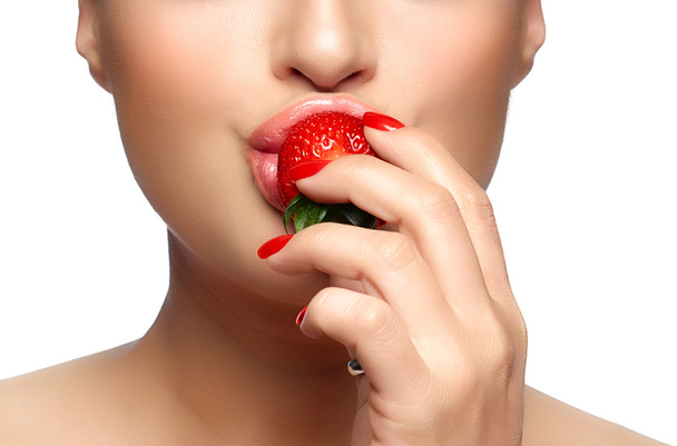 Sweet Bite. Healthy Mouth Biting Strawberry - Zdjęcie, obraz