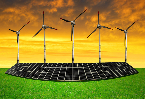 Painéis de energia solar com turbinas eólicas
 - Foto, Imagem
