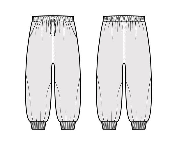 Shorts Sweatpants technical fashion illustration with elastic cuffs, low waist, rise, drawstrings, calf length training - Vector, Image