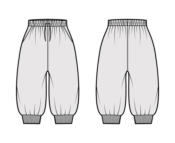 Šortky Tepláky technické módní ilustrace s elastickými manžetami, normální pas, vysoký vzestup, stahovací šňůrky, délka kolena. - Vektor, obrázek