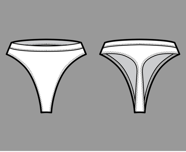 Technická módní ilustrace řemínků s vysokým zdvihem, elastickým pasem, s malým krytím boků. Ploché kalhotky spodní prádlo - Vektor, obrázek
