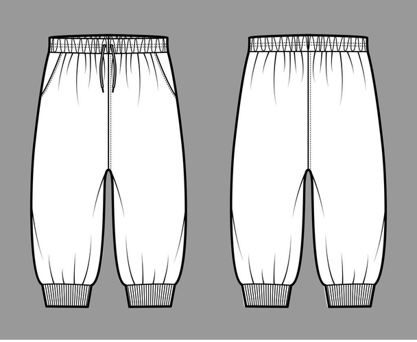 Shorts Sweatpants ilustração de moda técnica com punhos elásticos, cintura baixa, cordões, comprimento do joelho. Formação em plano - Vetor, Imagem