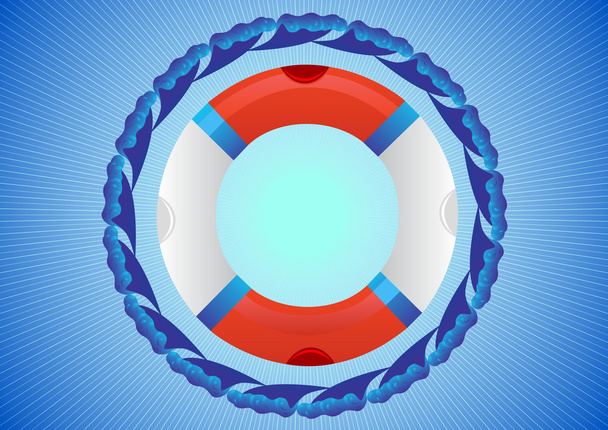 Abstract blue background. Lifebuoy is surrounded by ocean waves. - Vecteur, image