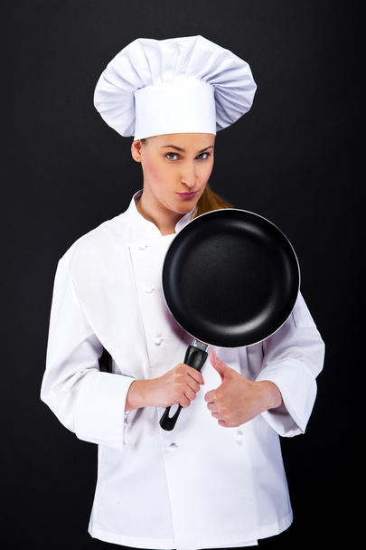ruoanlaitto, ele ja ruoka käsite hymyilevä naispuolinen kokki, kokki tai
 - Valokuva, kuva