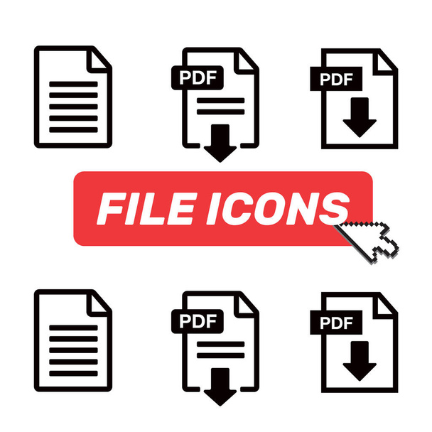 PDFファイルのダウンロードアイコン。ドキュメントテキスト、シンボルWeb形式情報。ドキュメントアイコンセット - ベクター画像