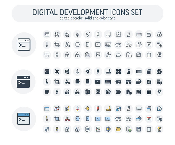 Vecteur Icônes de style solide, couleur réglées avec des symboles de contour de développement numérique - Vecteur, image