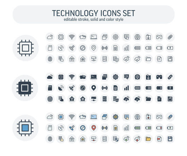 Vecteur Course modifiable, solide, icônes de style de couleur réglées avec la technologie numérique, symboles de contour informatique - Vecteur, image