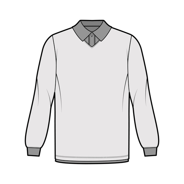 Camisa doble técnica ilustración de moda con mangas largas, longitud de la túnica, cuello henley, de gran tamaño, cuello clásico plano - Vector, Imagen