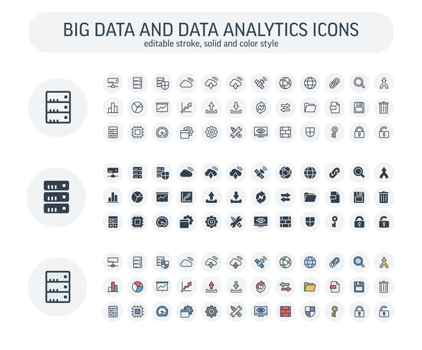 Vector Editable stroke, solid, color style icons set with big data and analytics technology outline symbols - Vector, Image
