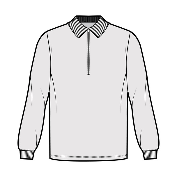 Сорочка zip-up поло технічна модна ілюстрація з довгими рукавами, довжиною туніки, шиєю курки, негабаритною, плоским коміром
 - Вектор, зображення