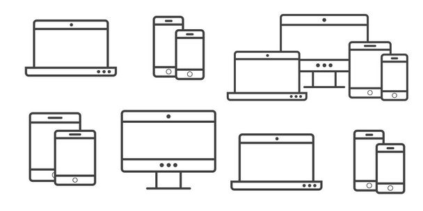 Symbole für mehrere Geräte: Smartphone, Tablet, Laptop und Desktop-Computer. Vektorillustration des responsiven Webdesigns - Vektor, Bild