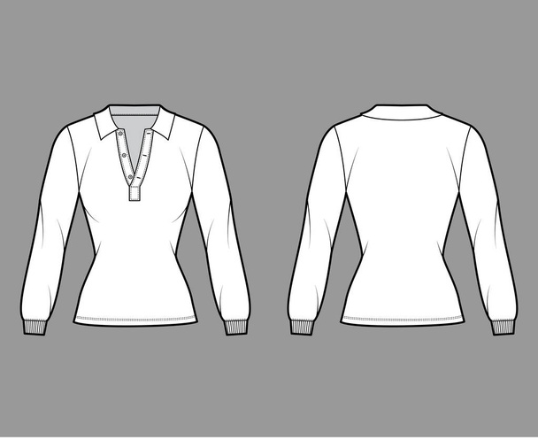 Рубашка поло техническая модная иллюстрация с длинными рукавами, длиной туники, открытой шеей кронштейна, стройная фигура, плоский воротник. - Вектор,изображение