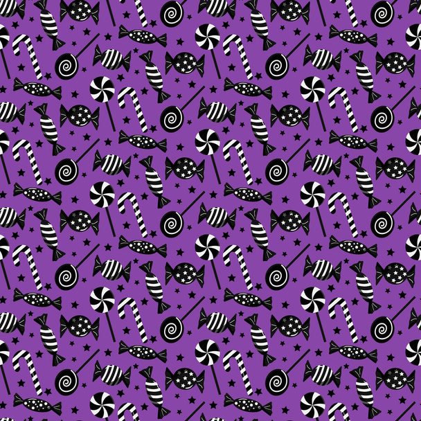 Pattern with candies for halloween. Vector illustration on a purple background. - Vektori, kuva