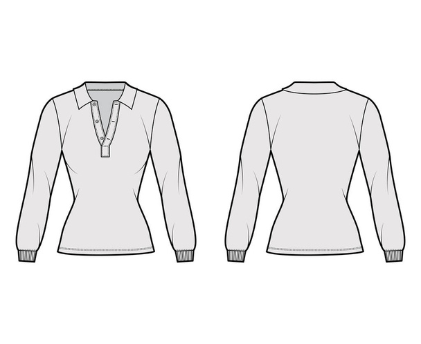 Shirt polo technical fashion illustration with long sleeves, tunic length, open henley neck, slim fit, flat collar. - Vector, Image