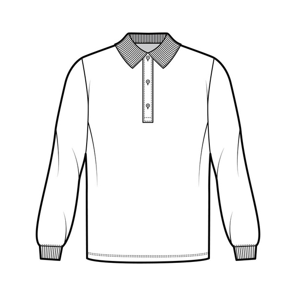 Сорочка поло надмірно технічна модна ілюстрація з довгими рукавами, довжиною туніки, курчата кнопки шиї плоский в'язаний комір
 - Вектор, зображення