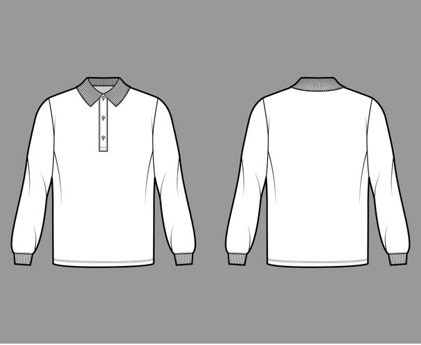 Необычная техническая модная иллюстрация рубашки-поло с длинными рукавами, длиной туники, пуговицей на шее с плоским воротником - Вектор,изображение
