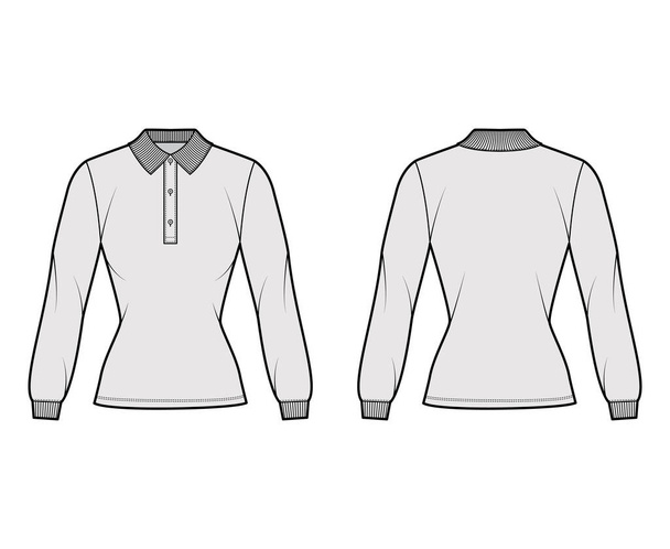 Shirt polo fitted technical fashion illustration with long sleeves, tunic length, henley button neck, flat knit collar - Vector, Image